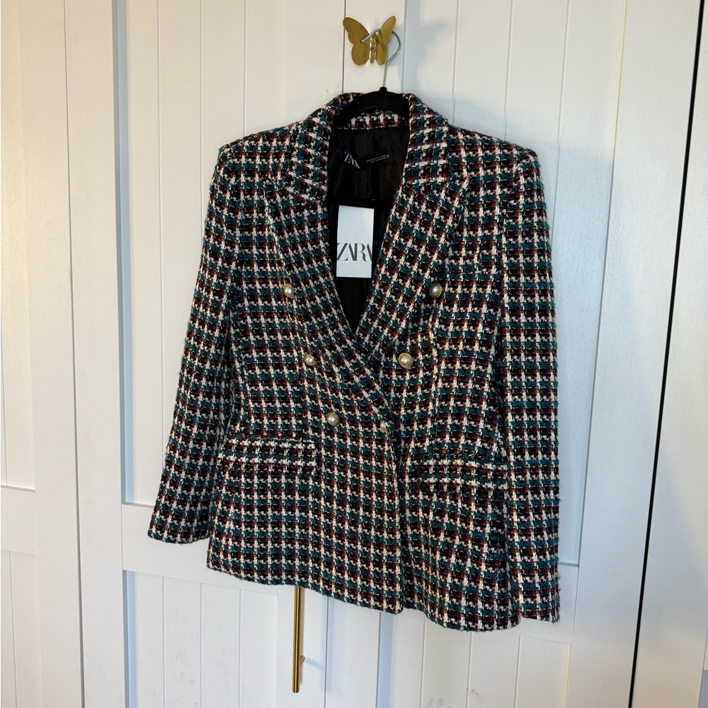 Zara Women's blue burgundy Tweed Blazer